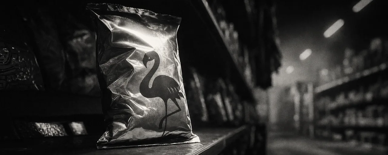 Black and white cinematic close-up of a foil snack bag with a flamingo silhouette on a dim store shelf