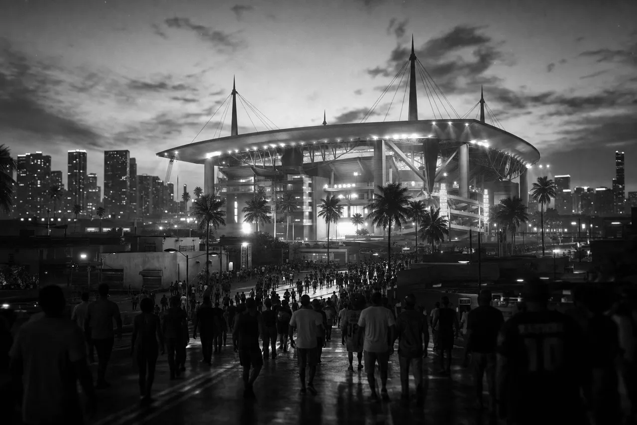 Black and white cinematic view of a huge stadium rising over city rooftops at dusk with floodlights on