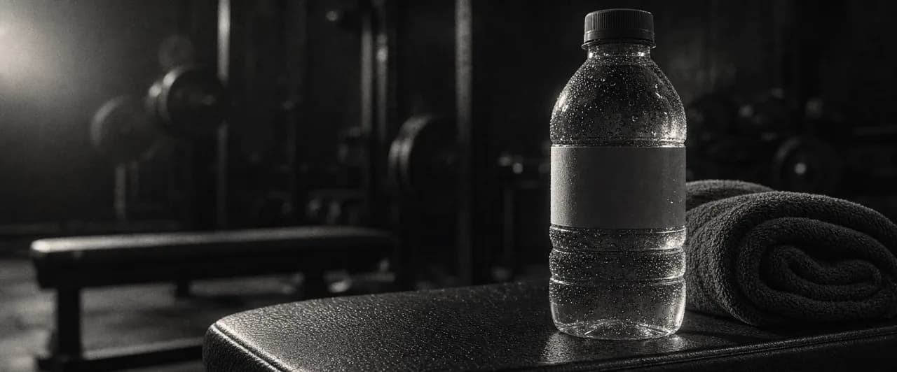 Black and white cinematic close-up of a plastic water bottle on a gym bench beside a rolled towel