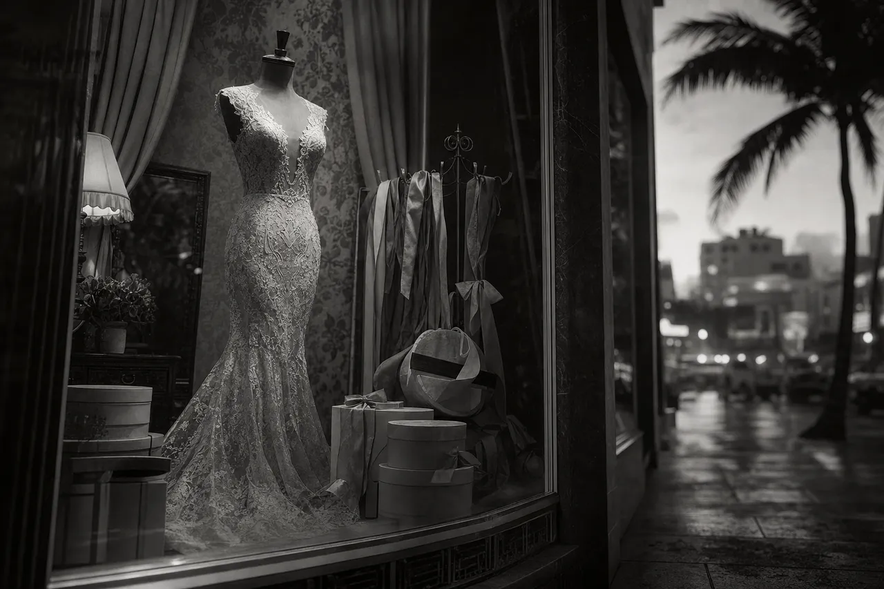 Black and white cinematic view of a boutique window with a lace gown on a dress form and stacked hat boxes