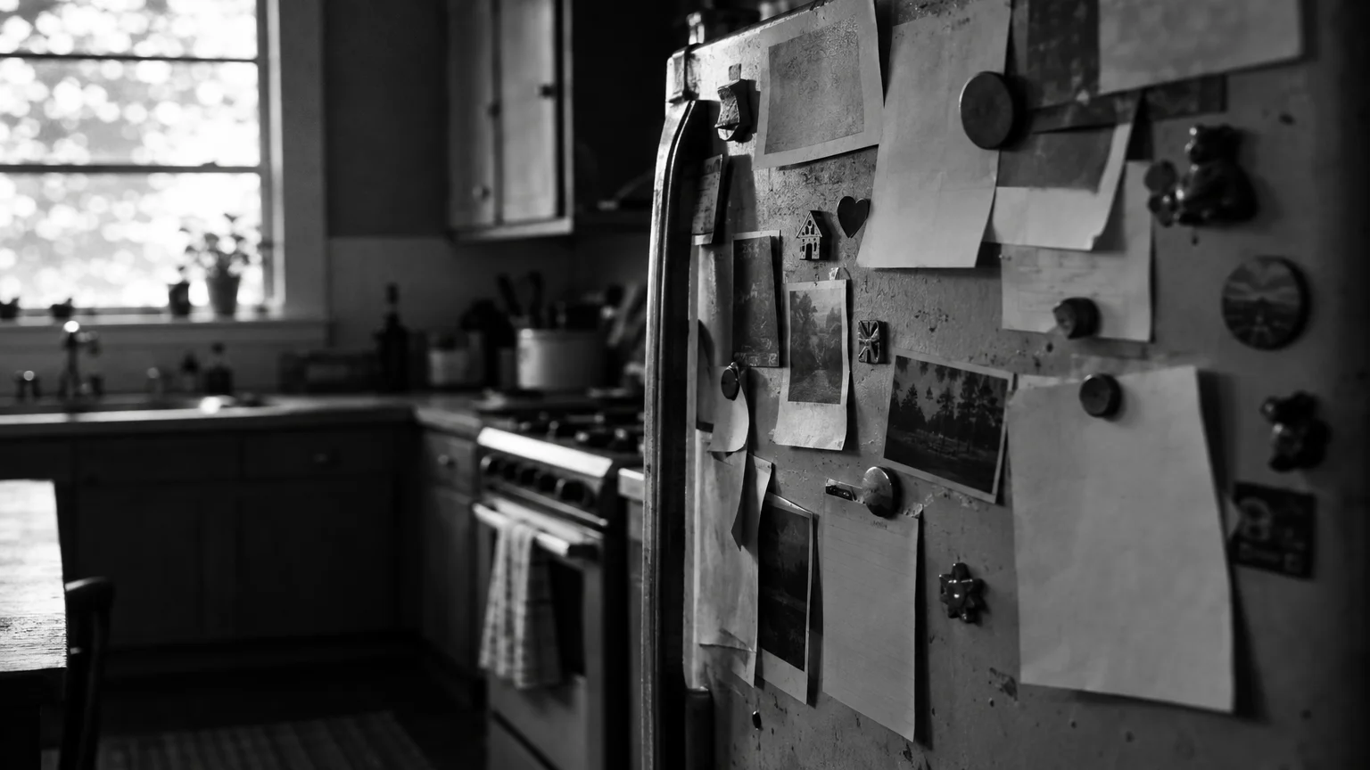 Black and white cinematic photograph of flyers and magnets crowded on an old refrigerator door