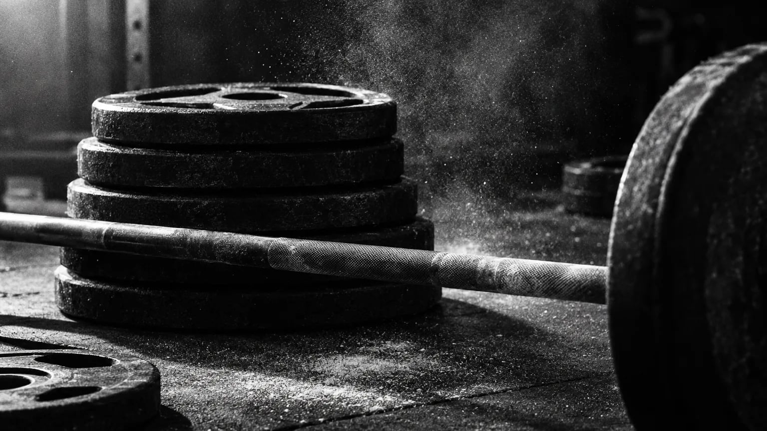 Black and white cinematic close-up of stacked weight plates on a gym floor, knurled bar across the frame