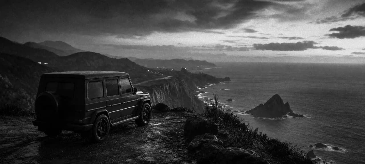 Black and white cinematic concept image of a boxy luxury off-road SUV parked on a coastal cliff overlook at dusk
