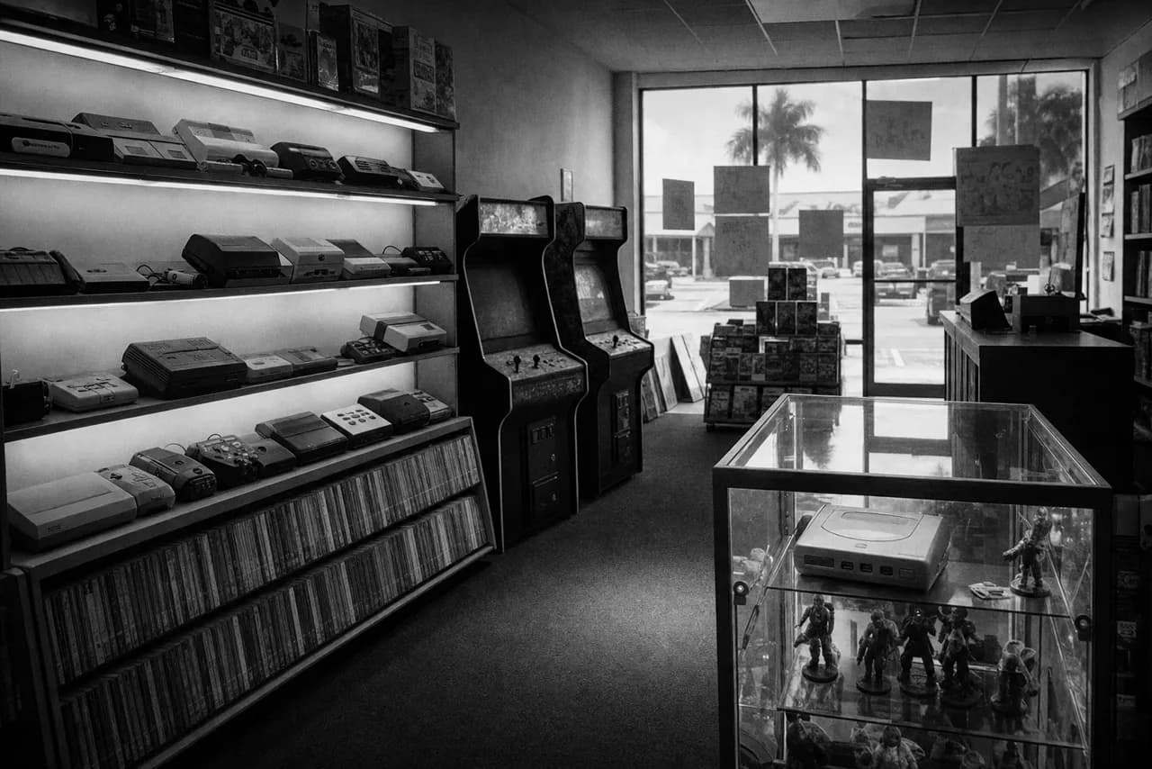 Black and white game store interior with a backlit console wall, boxed games, two arcade cabinets and a glass display case