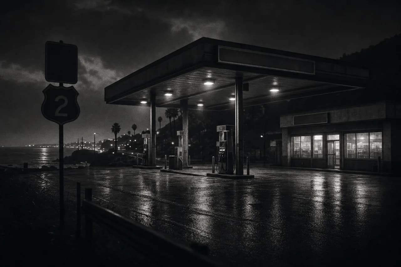 Black and white coastal roadside fuel station at night with pumps under a tall illuminated canopy, a lit convenience store and a Route 2 highway sign on wet asphalt