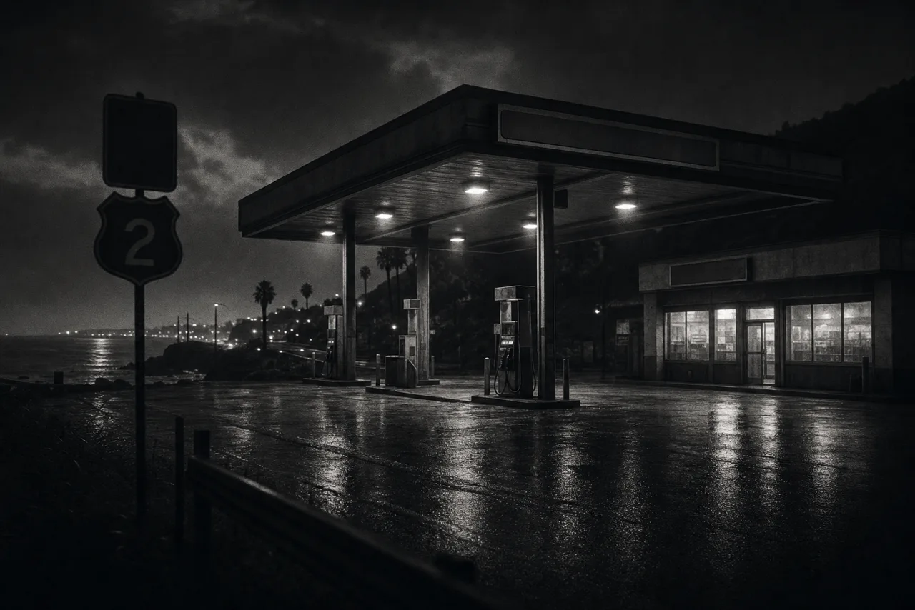 Black and white coastal roadside fuel station at night with pumps under a tall illuminated canopy, a lit convenience store and a Route 2 highway sign on wet asphalt