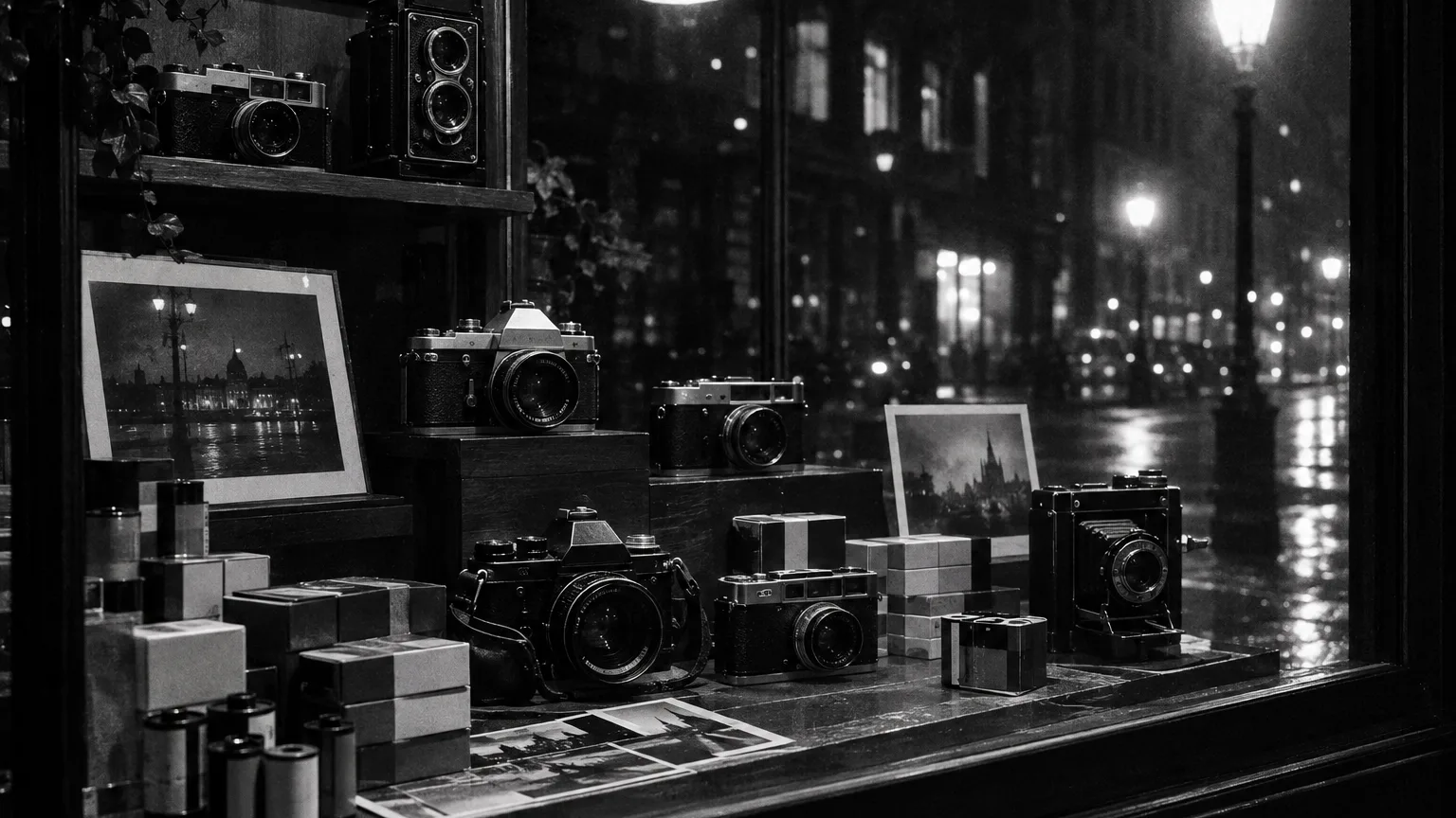 Black and white cinematic photograph of vintage cameras and film boxes arranged in a shop window display