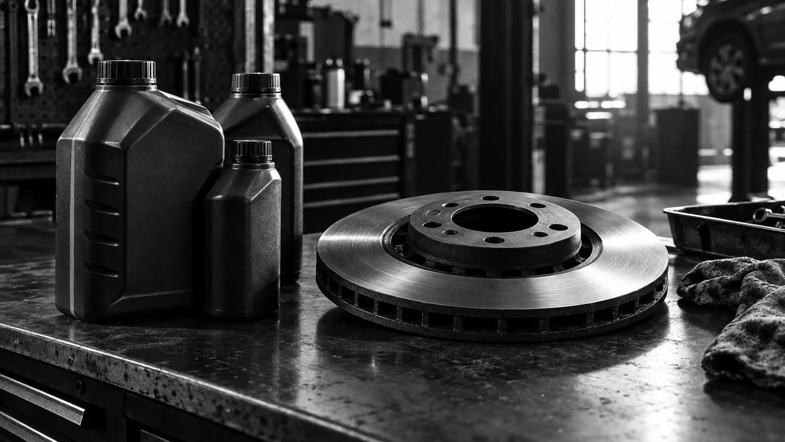 Black and white cinematic photograph of fluid bottles and a brake disc on a workshop counter