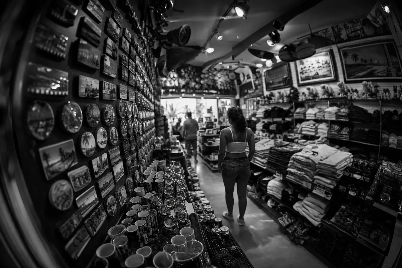 Black and white cinematic view of a souvenir shop crammed with magnets, shot glasses, snow globes and T-shirts
