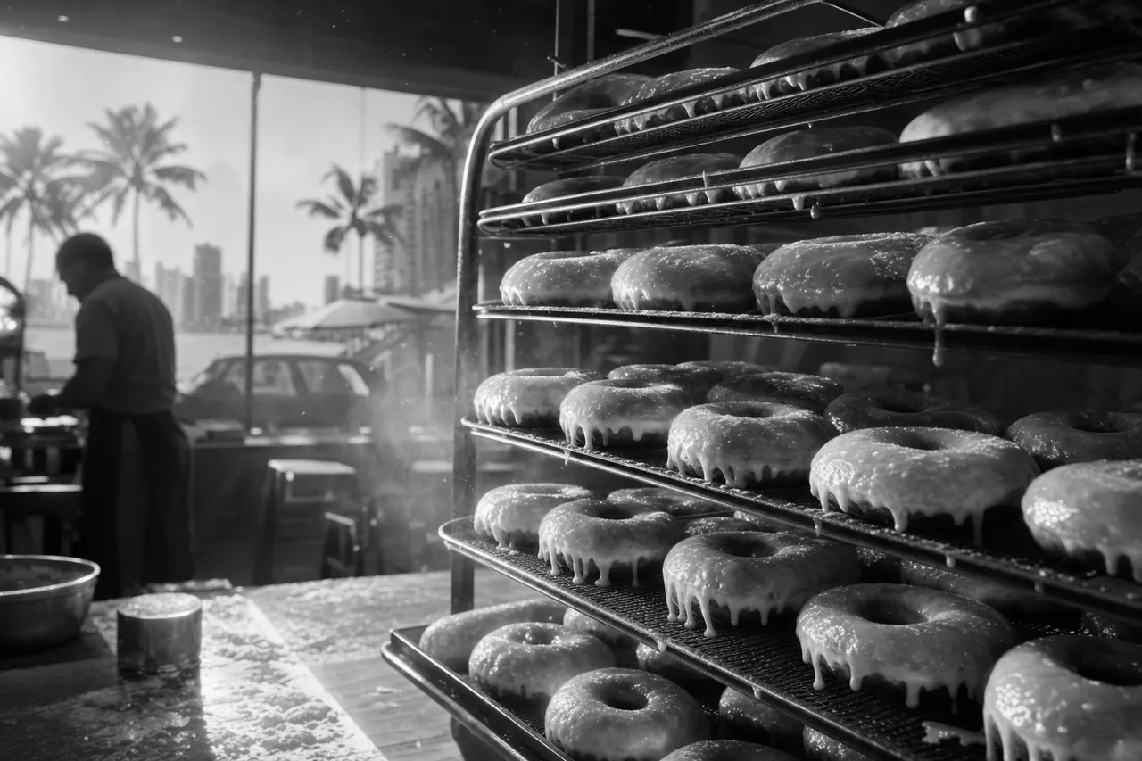 Black and white cinematic close-up of fresh doughnuts on racks with dripping glaze in morning window light