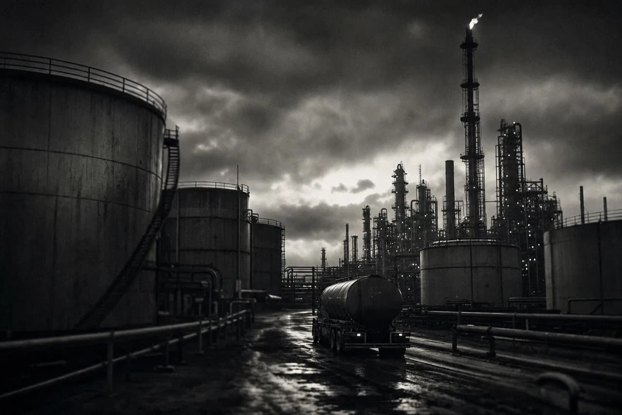 Black and white industrial oil refinery and fuel storage tank farm at dusk with a tanker truck on the access road and a flare stack against a heavy sky