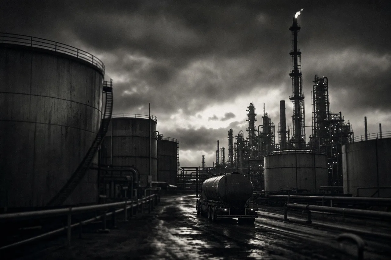Black and white industrial oil refinery and fuel storage tank farm at dusk with a tanker truck on the access road and a flare stack against a heavy sky