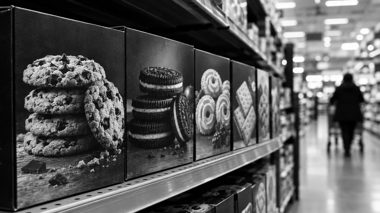 Black and white image of cookie boxes on a store shelf, product photography printed large on the cardboard