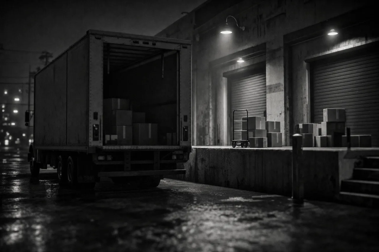 Black and white cinematic shot of a parcel delivery truck backed up to a warehouse loading dock at night