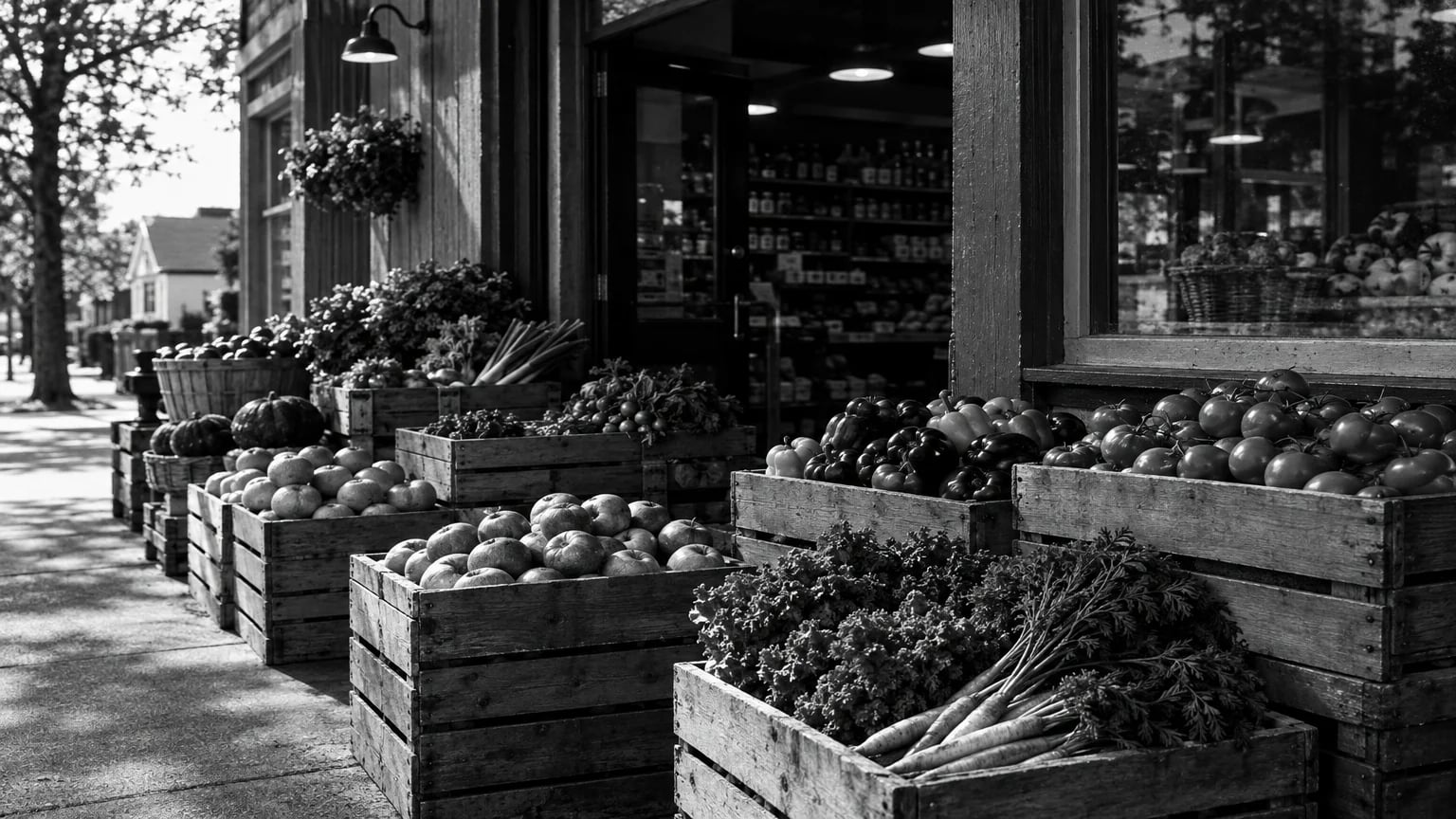 Black and white cinematic photograph of wooden crates of produce stacked outside a small grocery storefront