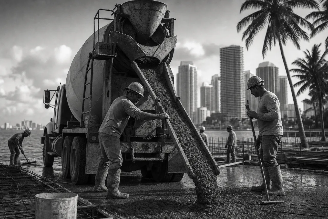 Black and white cinematic view of a cement mixer truck pouring wet concrete down a chute with workers guiding it