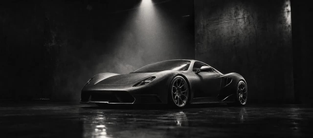 Black and white cinematic concept image of a low Italian supercar under a dramatic spotlight in a dark showroom