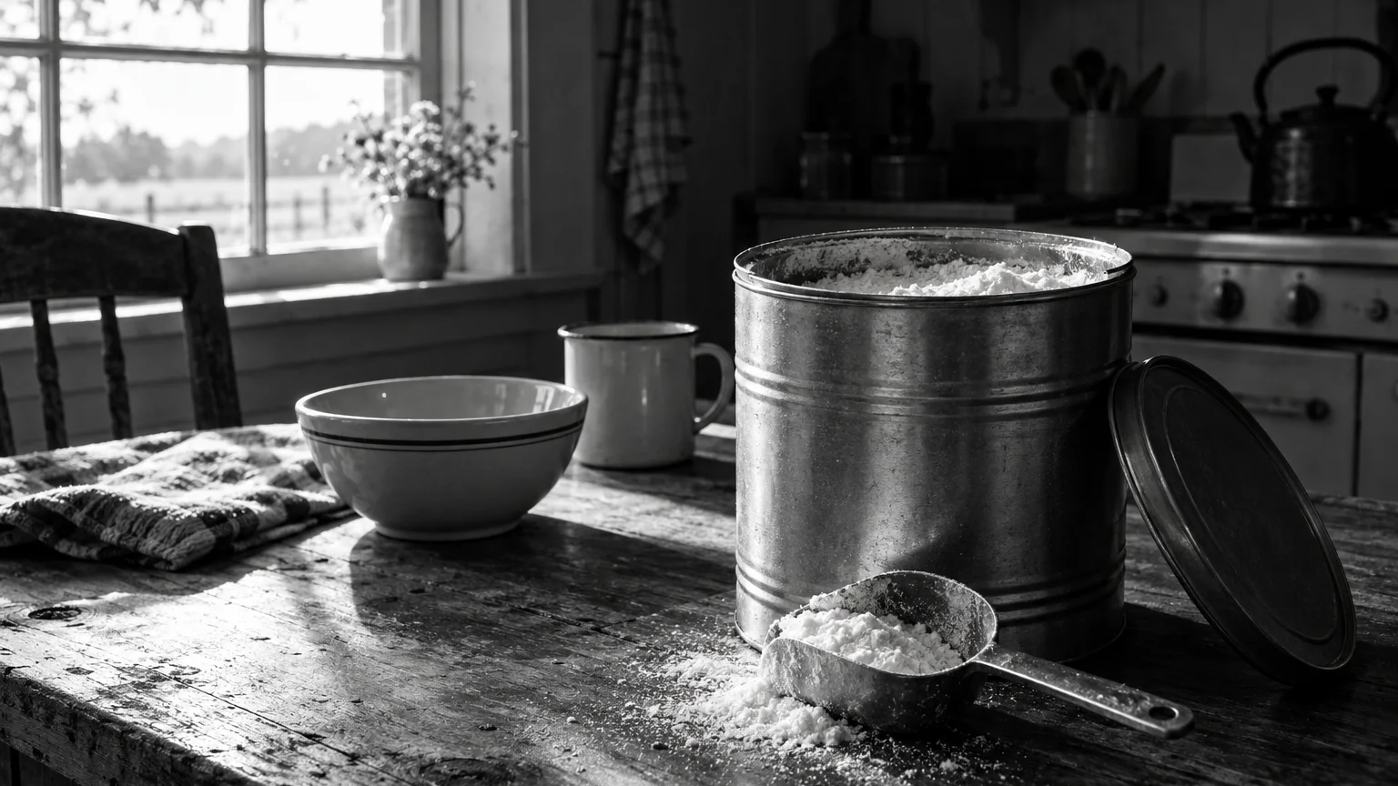 Black and white cinematic photograph of a tin of powdered milk with a metal scoop on a farmhouse kitchen table