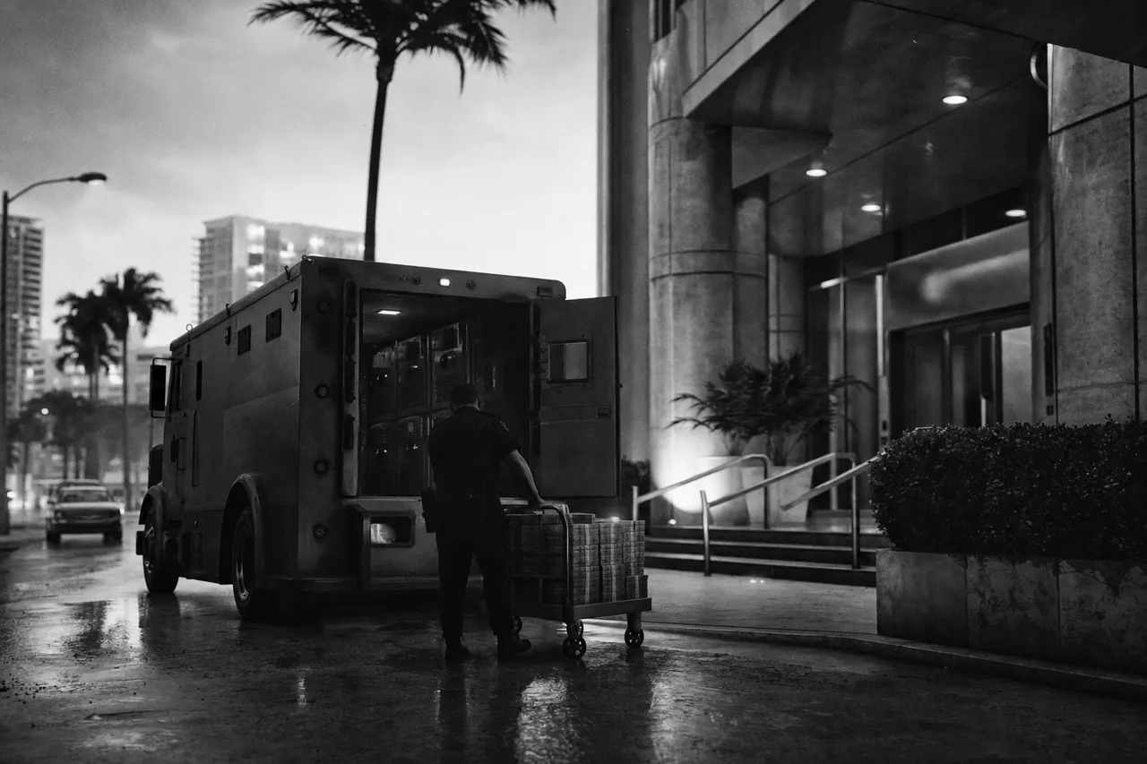 Black and white cinematic view of an armoured cash truck with rear doors open and a guard wheeling a trolley
