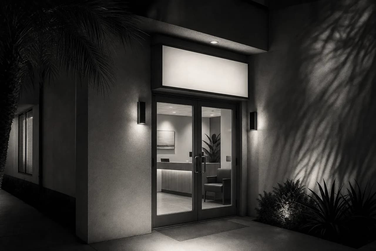 Black and white cinematic concept image of a small private medical clinic entrance at night with a lit sign above glass doors and palm shadows on the wall