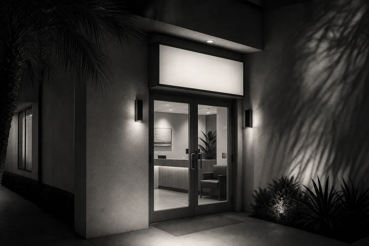 Black and white cinematic concept image of a small private medical clinic entrance at night with a lit sign above glass doors and palm shadows on the wall