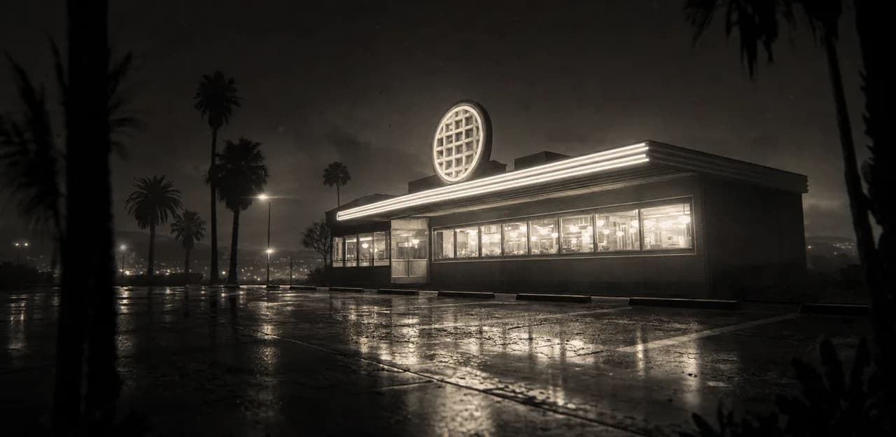 Black and white cinematic shot of a retro 24-hour waffle diner glowing at night with a round emblem and an empty wet parking lot