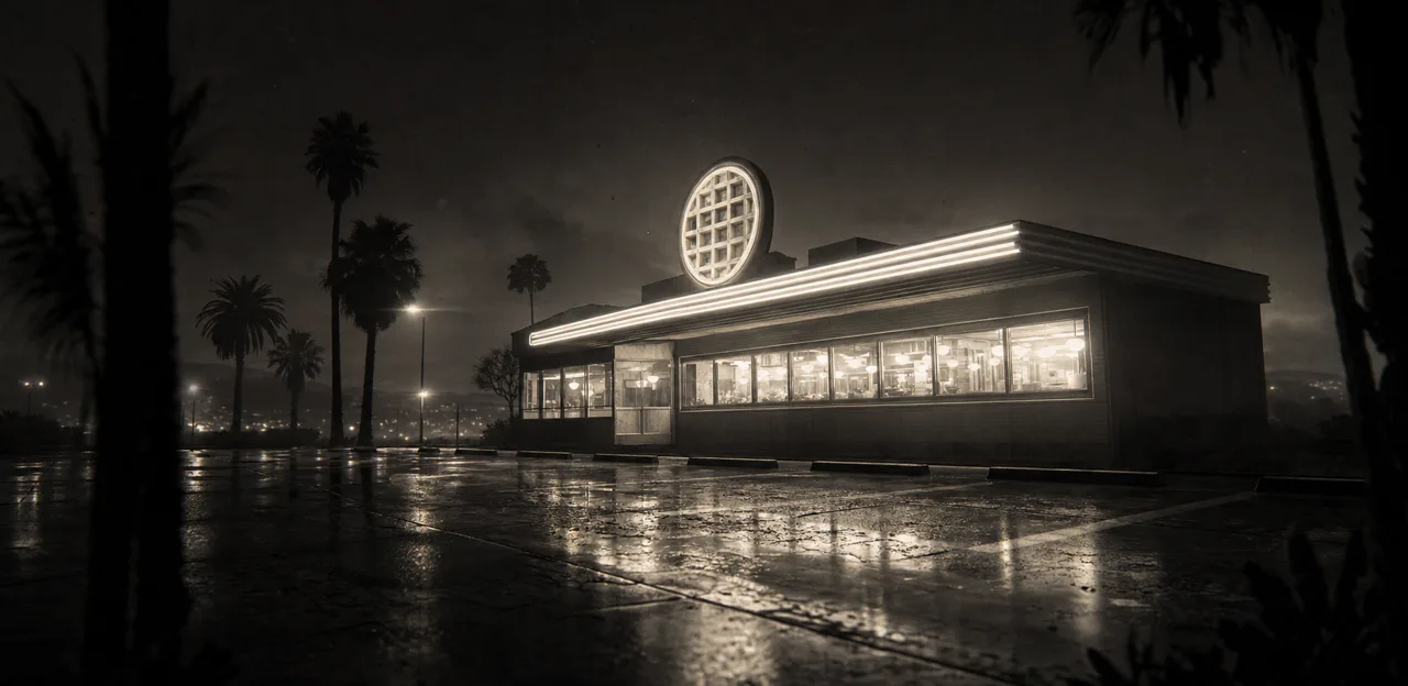 Black and white cinematic shot of a retro 24-hour waffle diner glowing at night with a round emblem and an empty wet parking lot