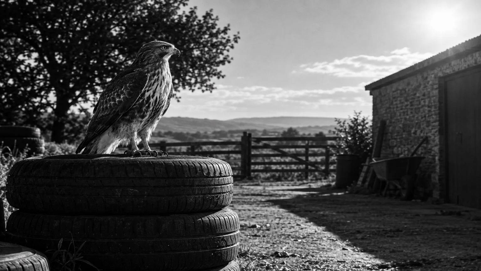 Black and white cinematic photograph of a hawk perched on a stack of tyres in a sunlit yard