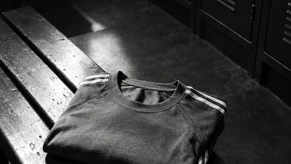 Black and white cinematic image of a folded sports tee on a bench, three stripe styled logo across the chest