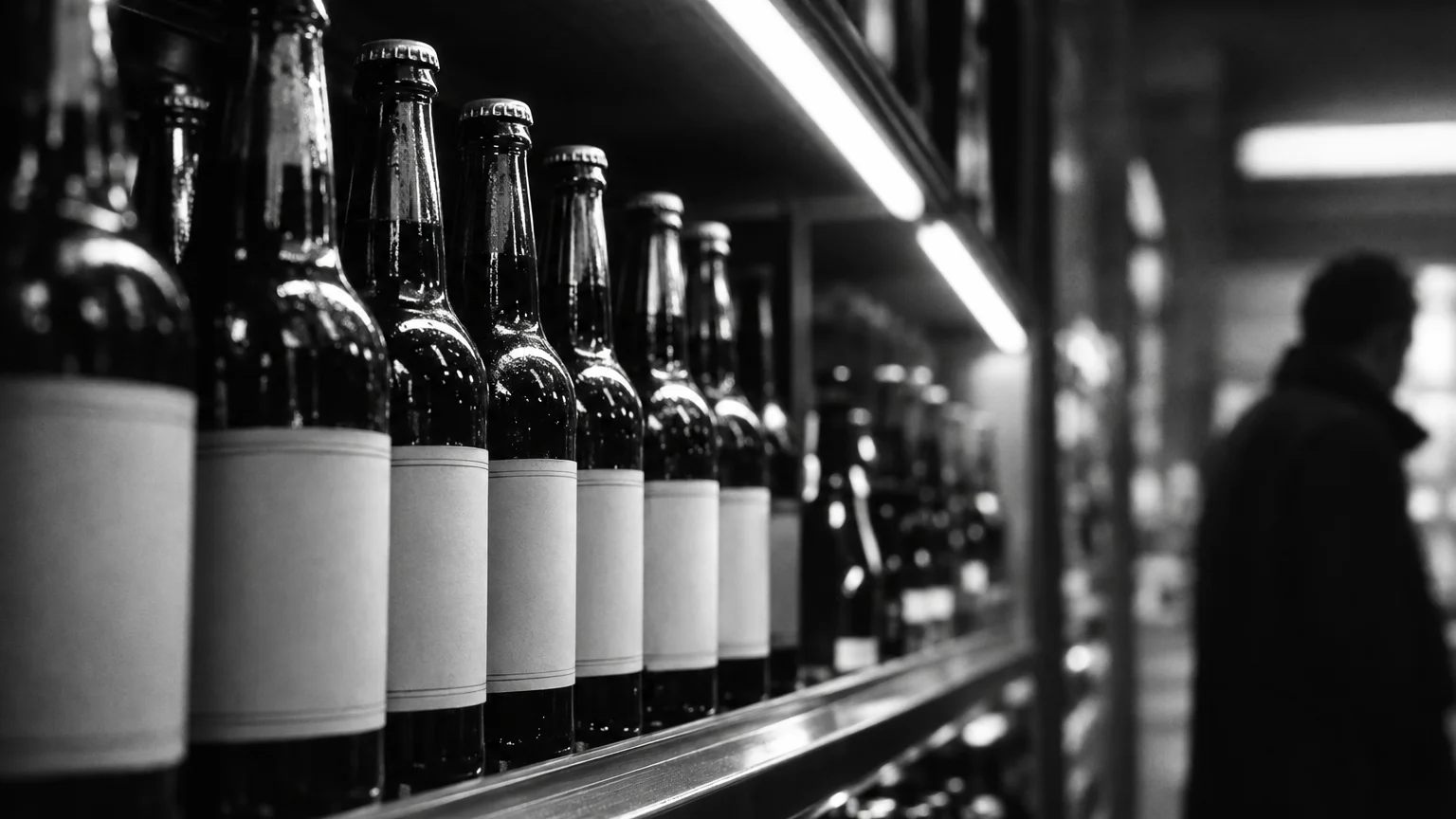 Black and white image of lager bottles lined on a shelf, pale labels glowing under fluorescent shop light