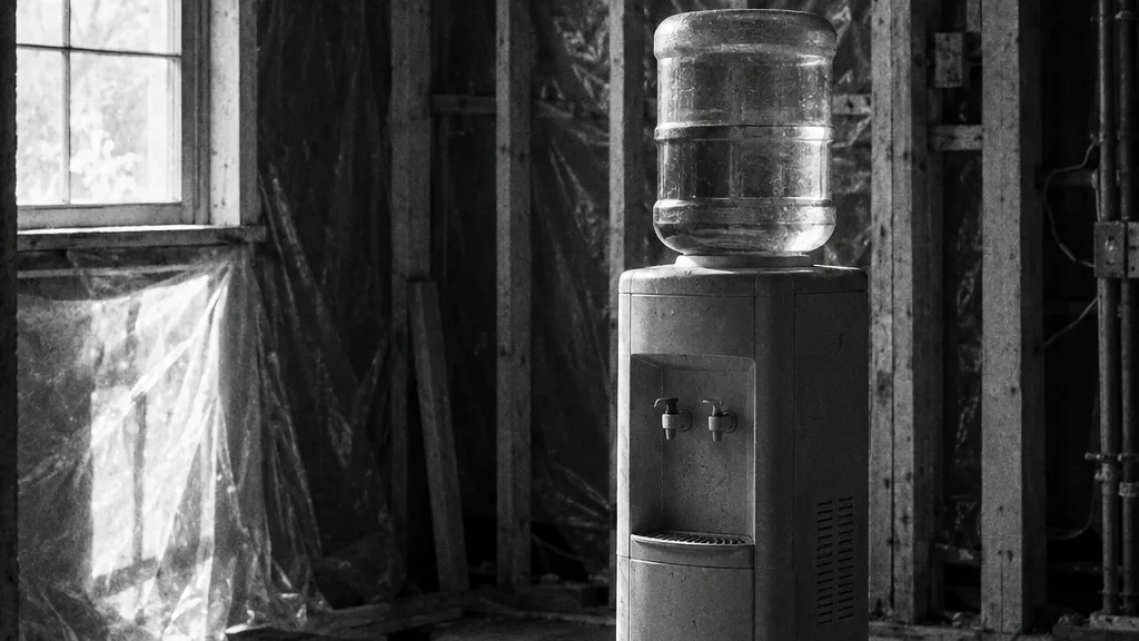 Black and white cinematic photograph of a water cooler standing alone in a stripped renovation site