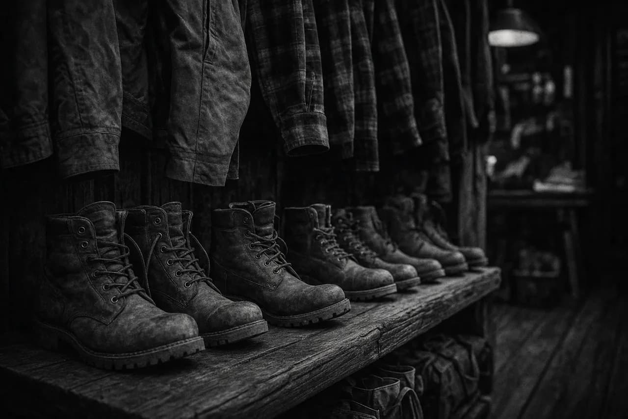 Black and white rugged outdoor workwear display with heavy leather boots on a timber shelf and hanging flannel jackets