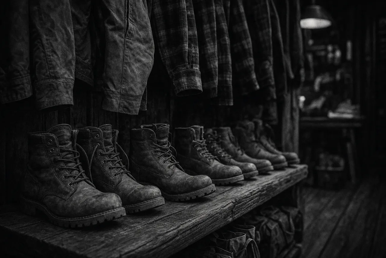 Black and white rugged outdoor workwear display with heavy leather boots on a timber shelf and hanging flannel jackets