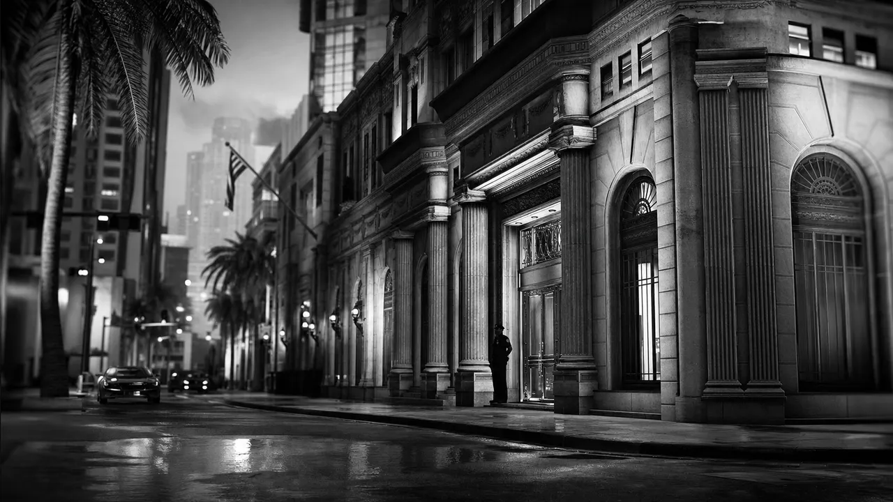 Black and white cinematic view of a classical bank branch with heavy columns and a guard silhouette by the door