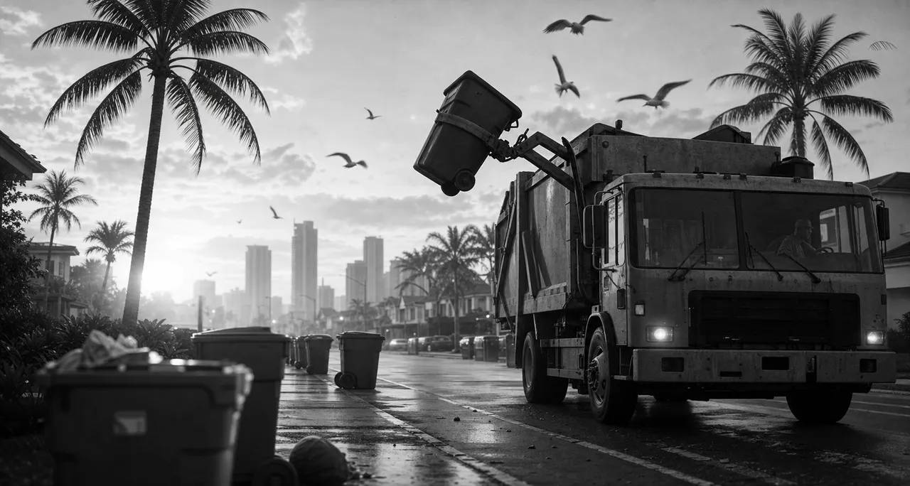 Black and white cinematic view of a garbage truck lifting a wheeled bin at dawn with gulls circling overhead