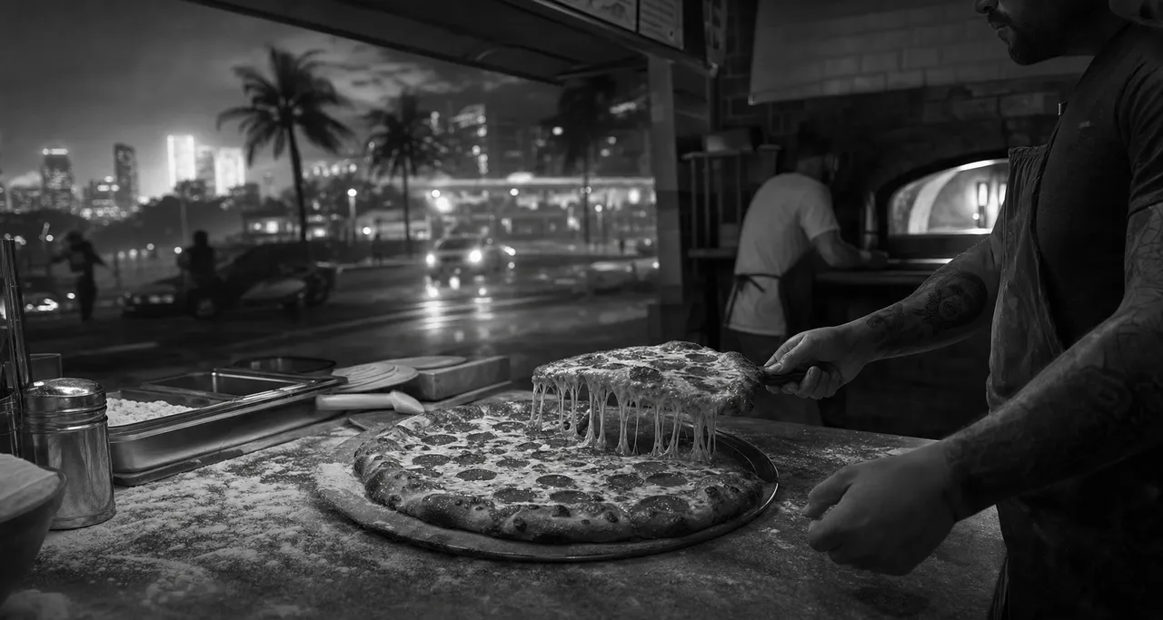 Black and white cinematic close-up of a fresh pizza with one slice pulled and cheese stretching on a flour-dusted counter