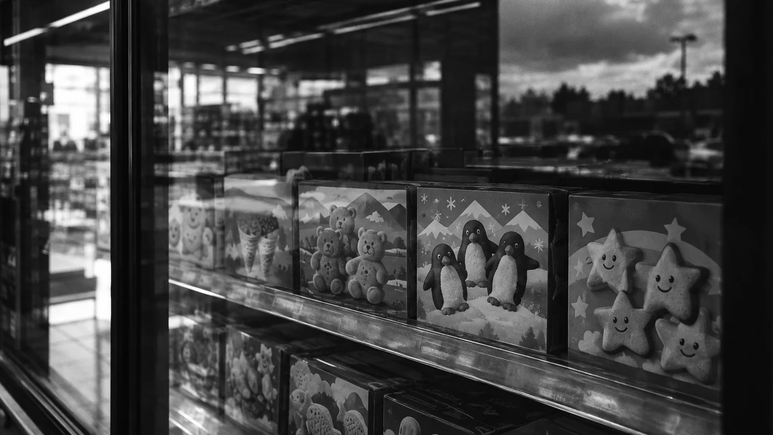 Black and white photo of small snack boxes on a shelf, cartoon lettering visible through freezer glass