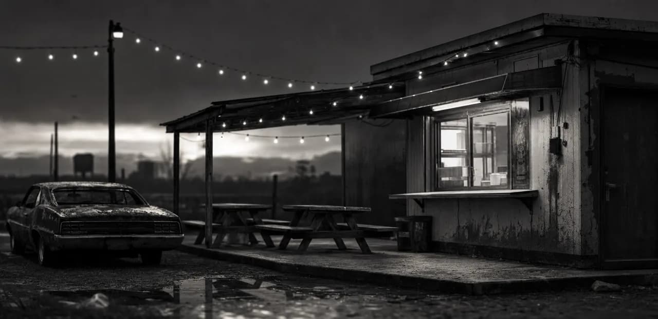 Black and white cinematic shot of a grungy roadside burger stand with a walk-up window, picnic tables and string lights
