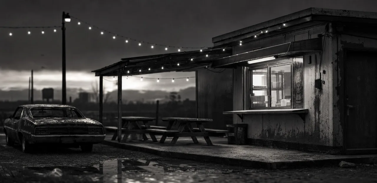 Black and white cinematic shot of a grungy roadside burger stand with a walk-up window, picnic tables and string lights
