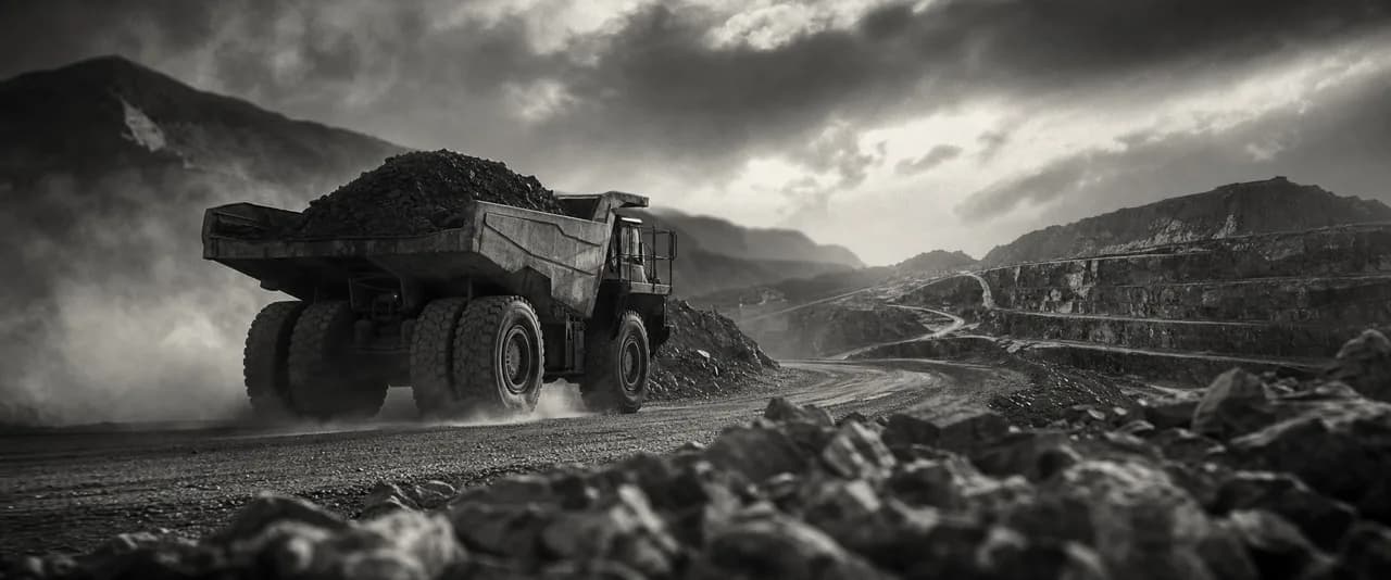 Black and white cinematic concept image of a massive articulated dump truck on a quarry haul road with dust rising
