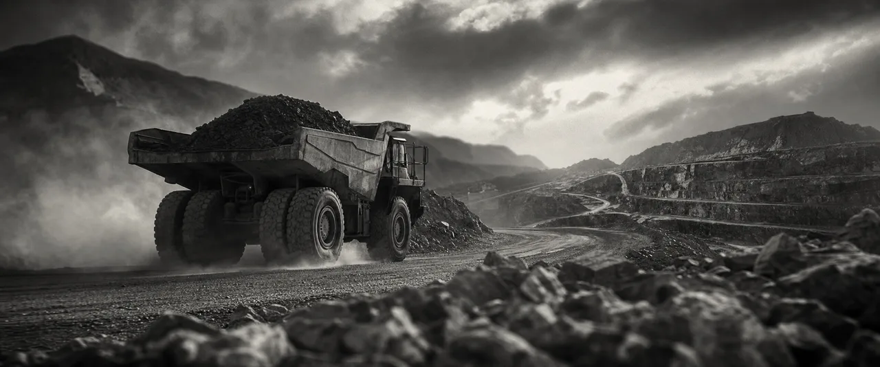 Black and white cinematic concept image of a massive articulated dump truck on a quarry haul road with dust rising