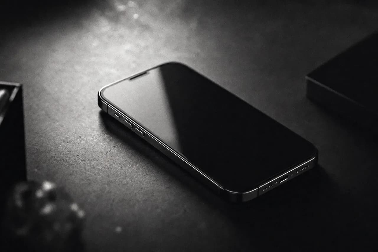 Black and white sleek premium smartphone resting on a minimalist surface with soft studio reflection