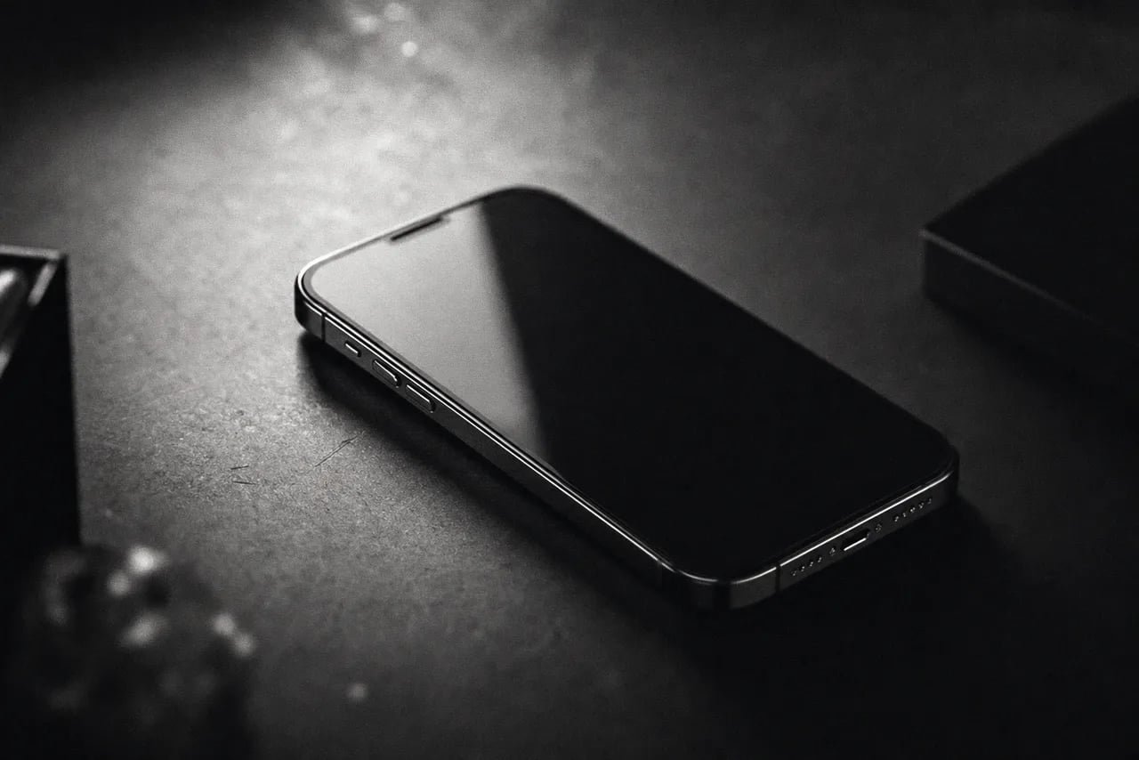 Black and white sleek premium smartphone resting on a minimalist surface with soft studio reflection