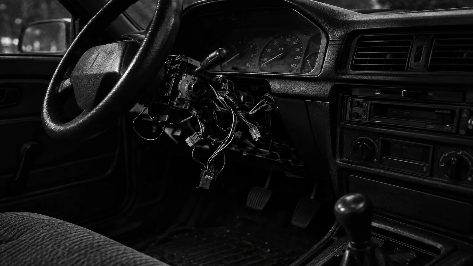 Black and white cinematic photograph of a car dashboard with exposed wiring under the steering column