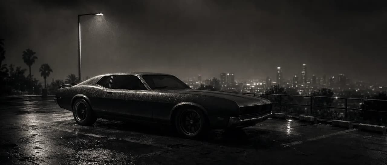 Black and white cinematic concept image of a long American muscle coupe with hidden headlights under a flickering streetlight