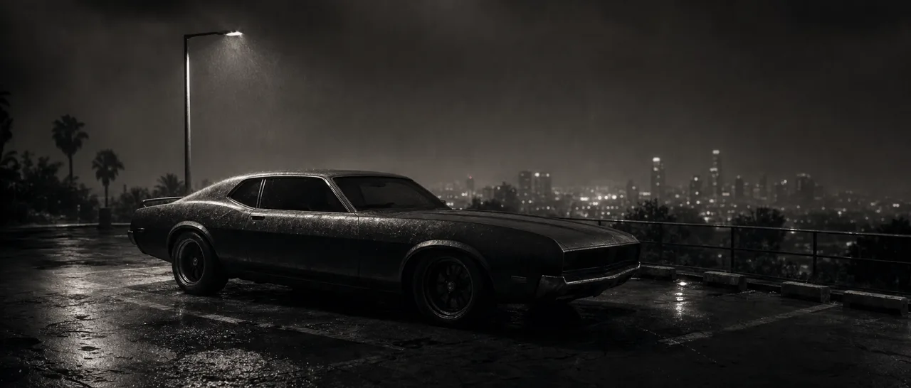 Black and white cinematic concept image of a long American muscle coupe with hidden headlights under a flickering streetlight