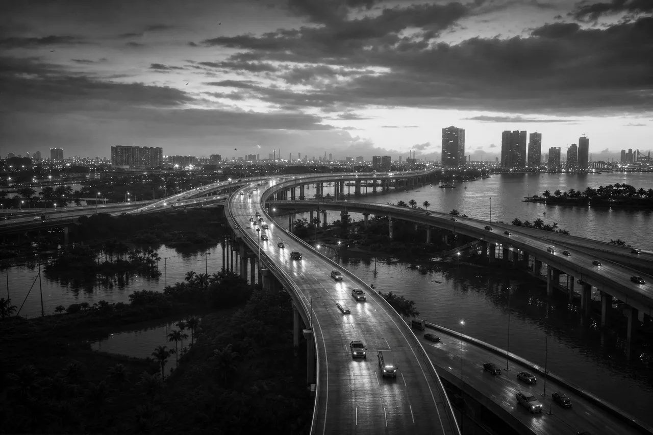 Black and white cinematic view of a stacked interstate interchange curving over wetlands with traffic light trails