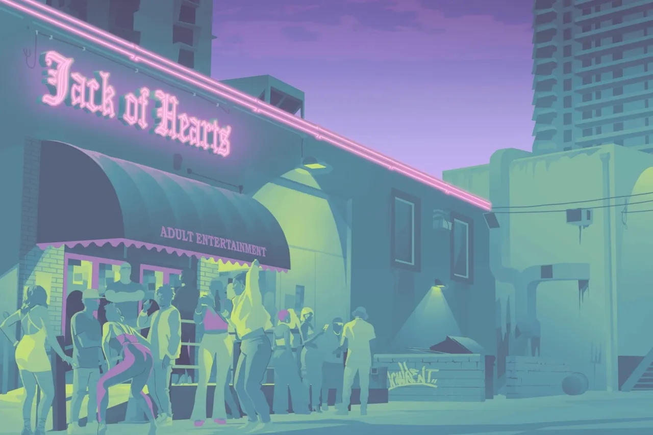 Stylised artwork of the Jack of Hearts strip club exterior at dusk, its pink neon blackletter sign glowing above a crowd under the Adult Entertainment awning