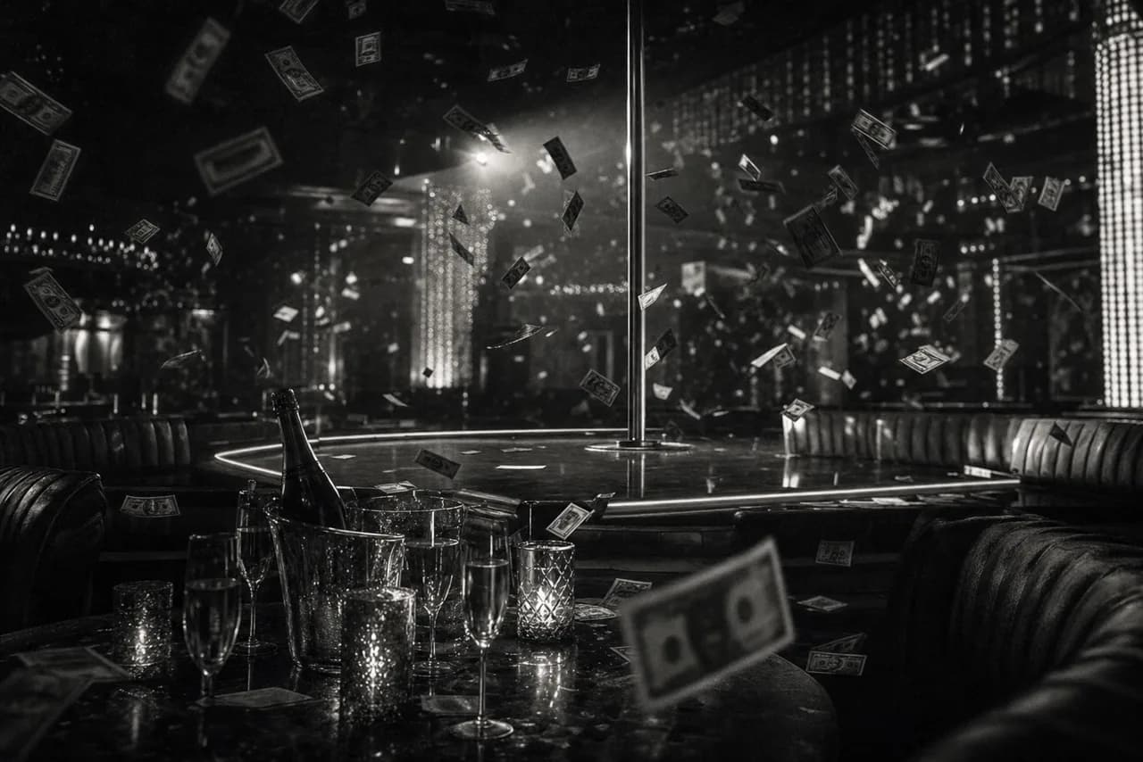 Moody black and white interior of an upscale strip club with dollar bills raining over a mirrored stage and champagne on a VIP table