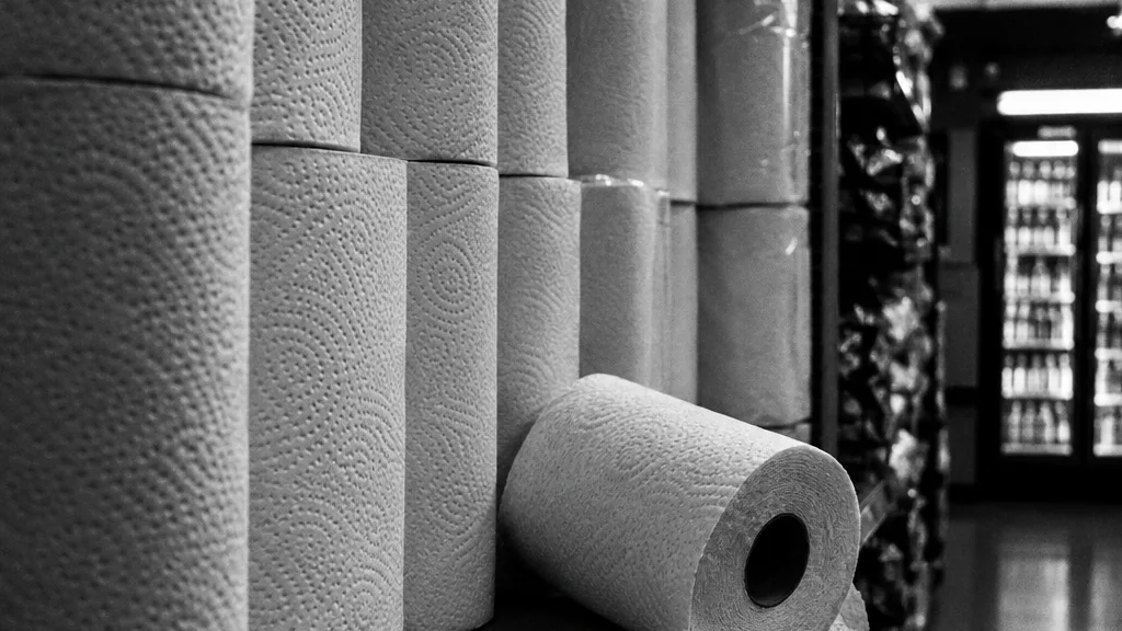 Black and white cinematic image of paper towel rolls stacked on a convenience store shelf